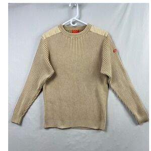 Faconnable Jeans Ribbed Knit Sweater Mens Size M Tan Shoulder Patches Cotton